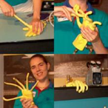 Rachel Barry demonstrates how the sandhand goes from flimsy to moldable. Experimenting the shape of rubber glove