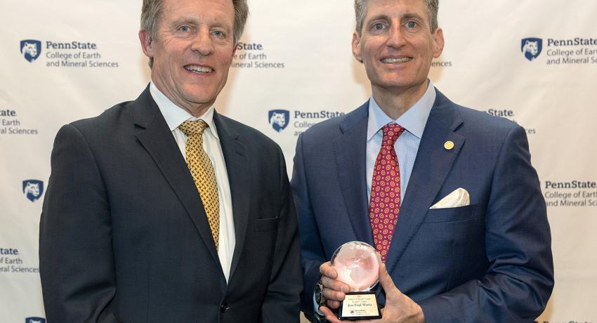 Lee Kump (left), the John Leone Dean in the College of Earth and Mineral Sciences, and Jon-Paul Maria, professor of materials science and engineering, at the Wilson Awards.